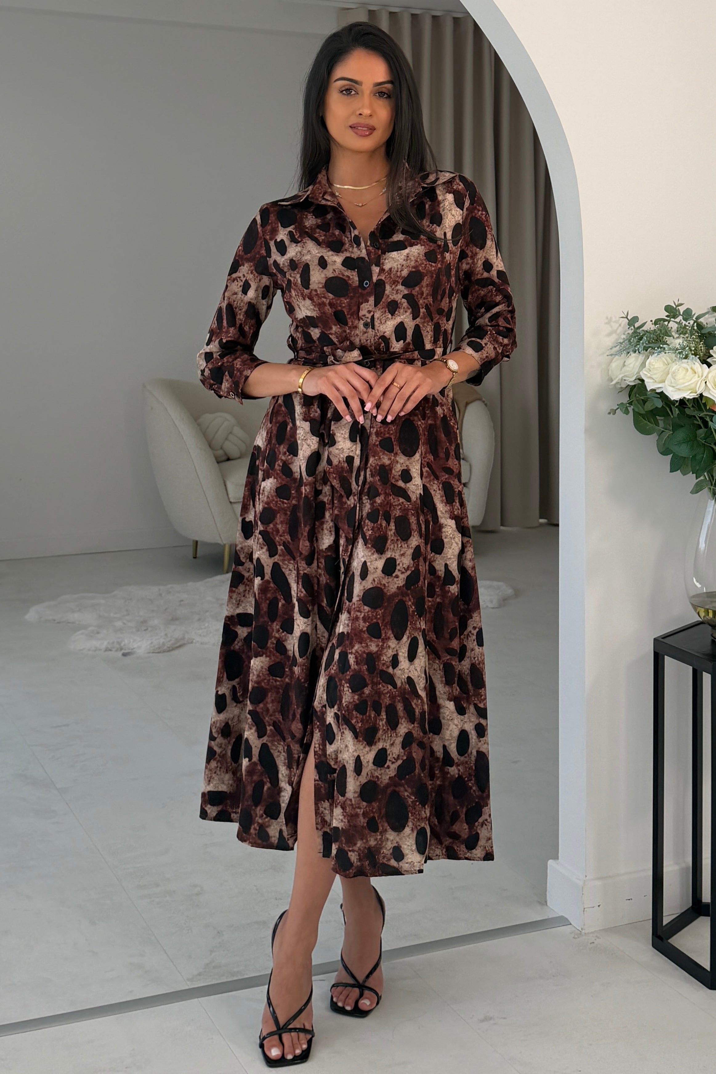 Angela Long Sleeve Maxi Shirt Dress Brown Animal Print