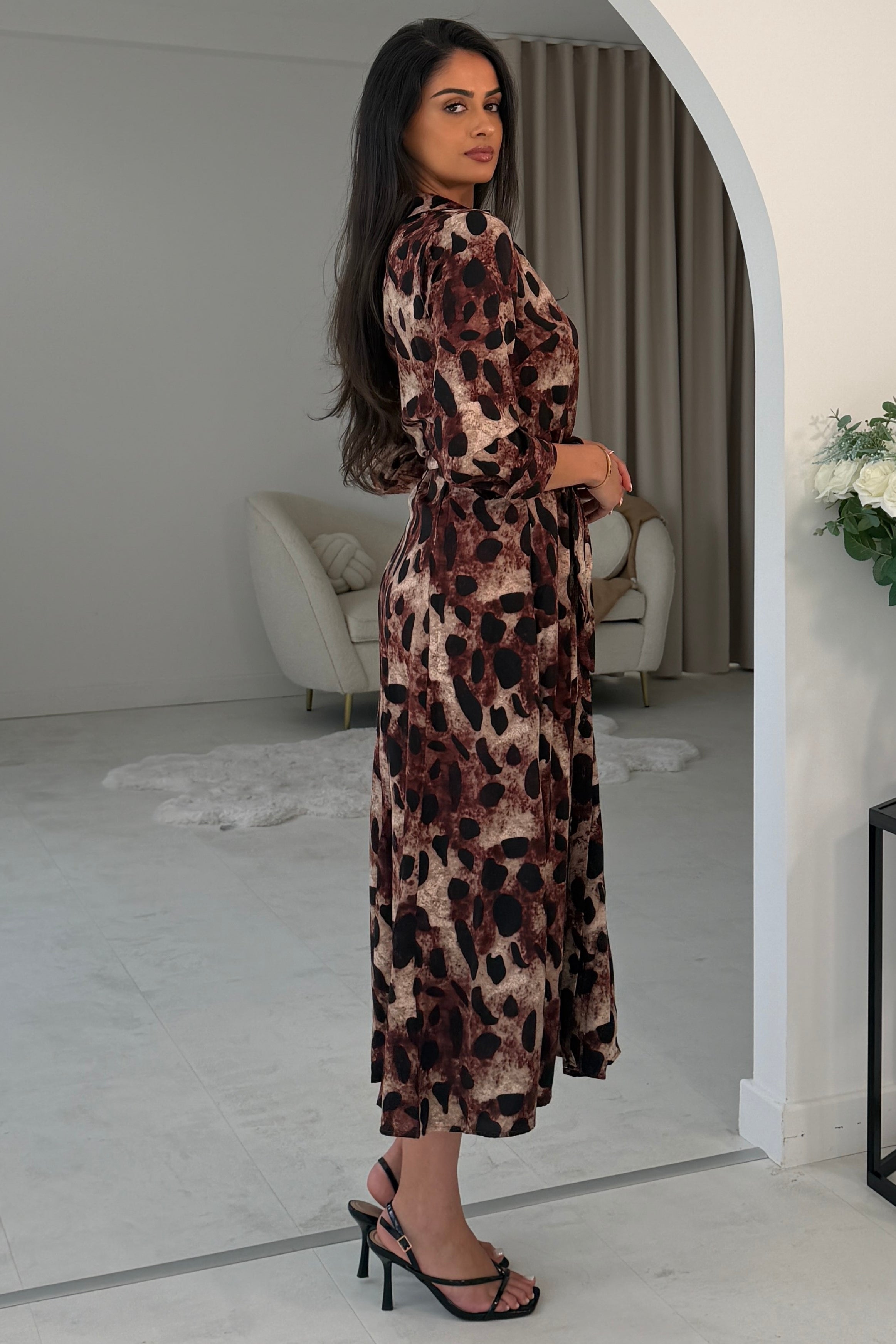 Angela Long Sleeve Maxi Shirt Dress Brown Animal Print