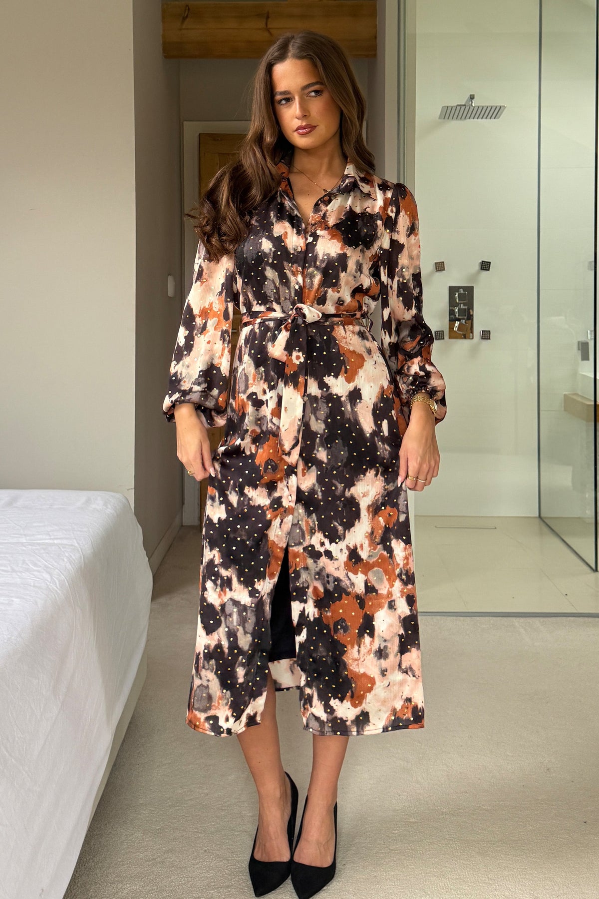 Kaya Foiled Abstract Brown Print Midi Shirt Dress