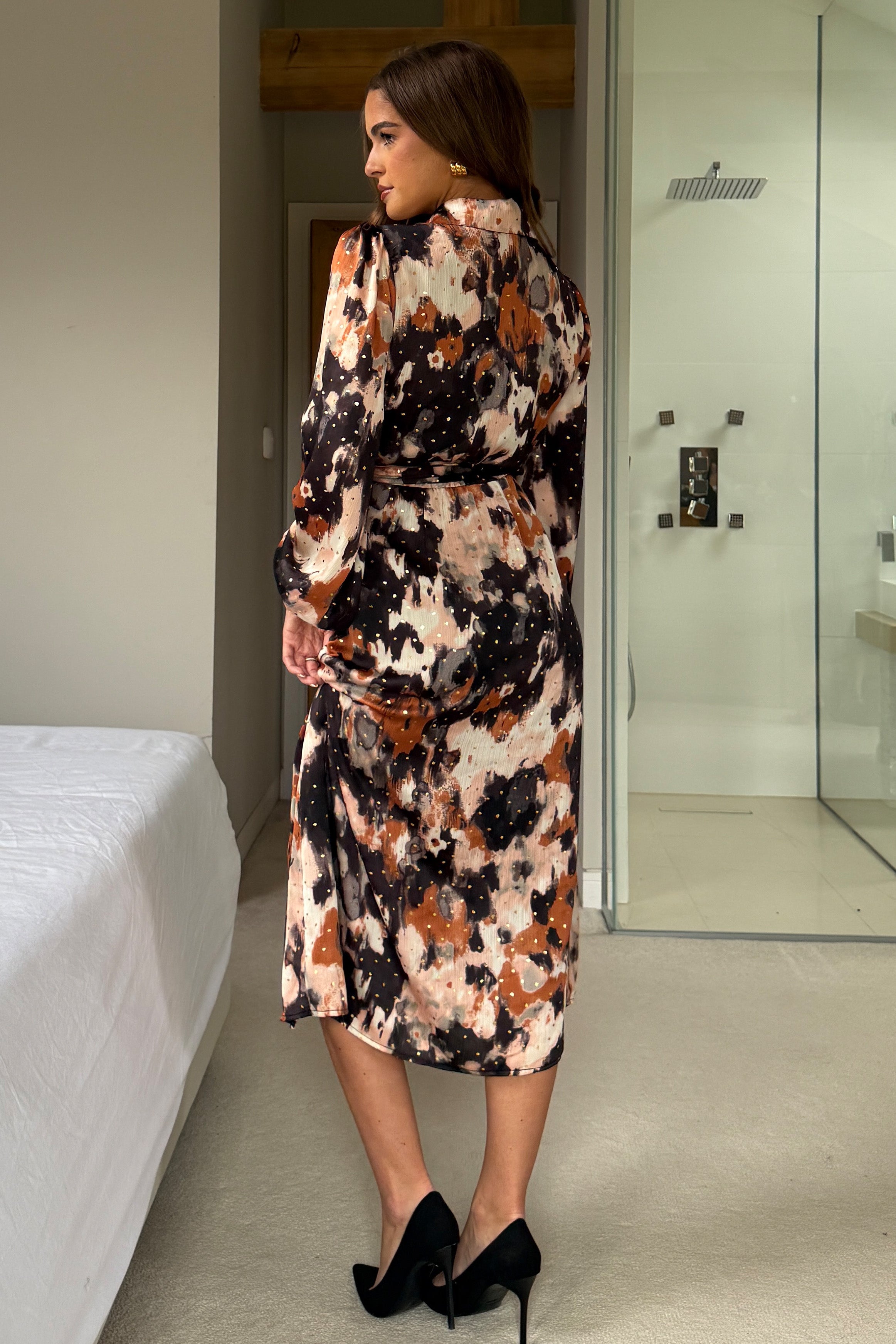 Kaya Foiled Abstract Brown Print Midi Shirt Dress