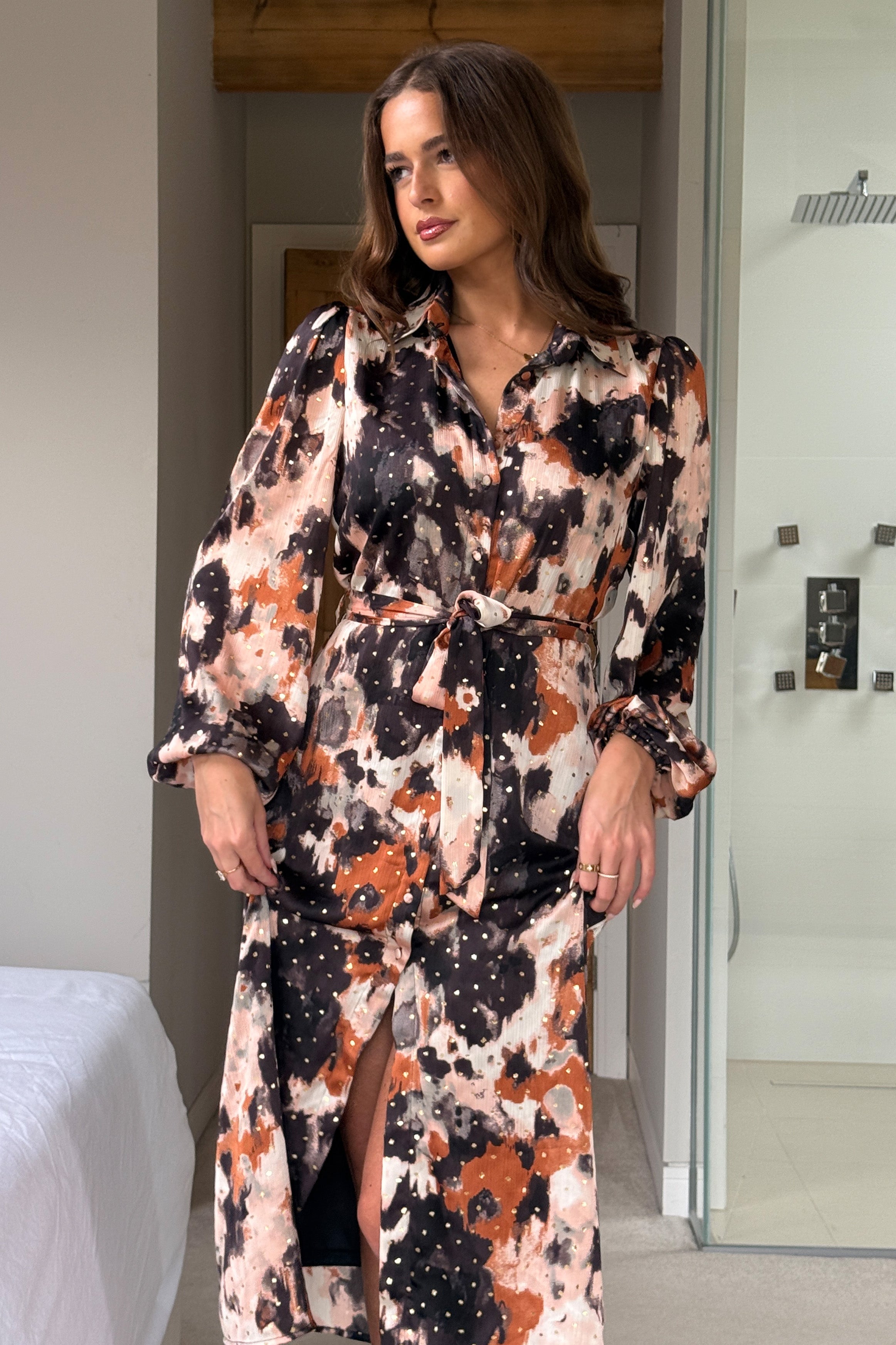 Kaya Foiled Abstract Brown Print Midi Shirt Dress