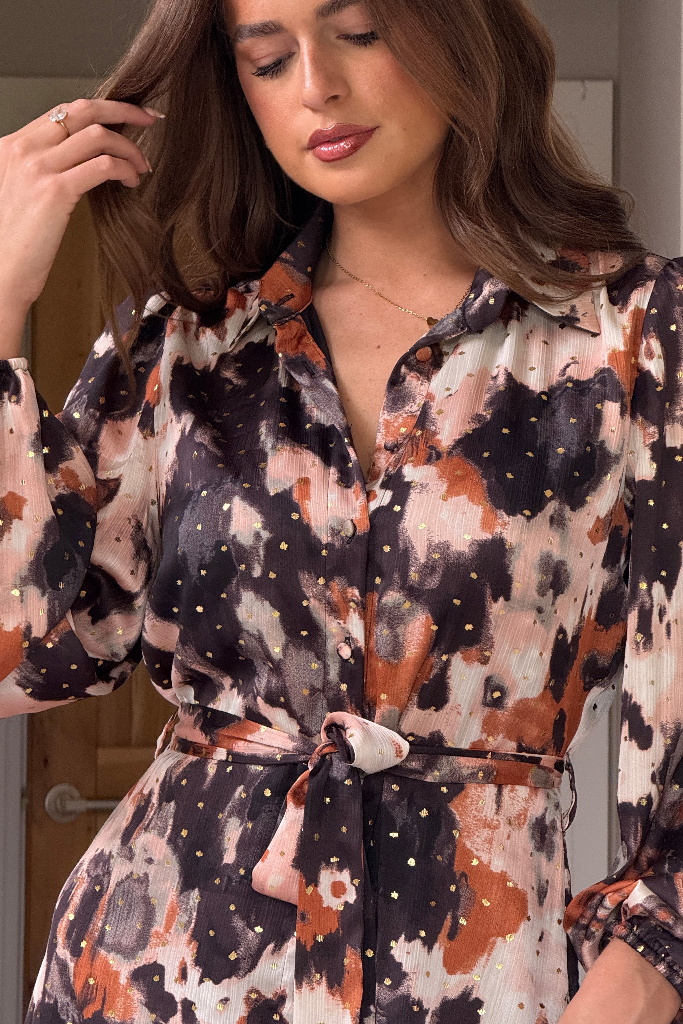 Kaya Foiled Abstract Brown Print Midi Shirt Dress
