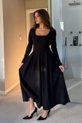 Evie Square Neck Long Sleeve Midi Dress Black