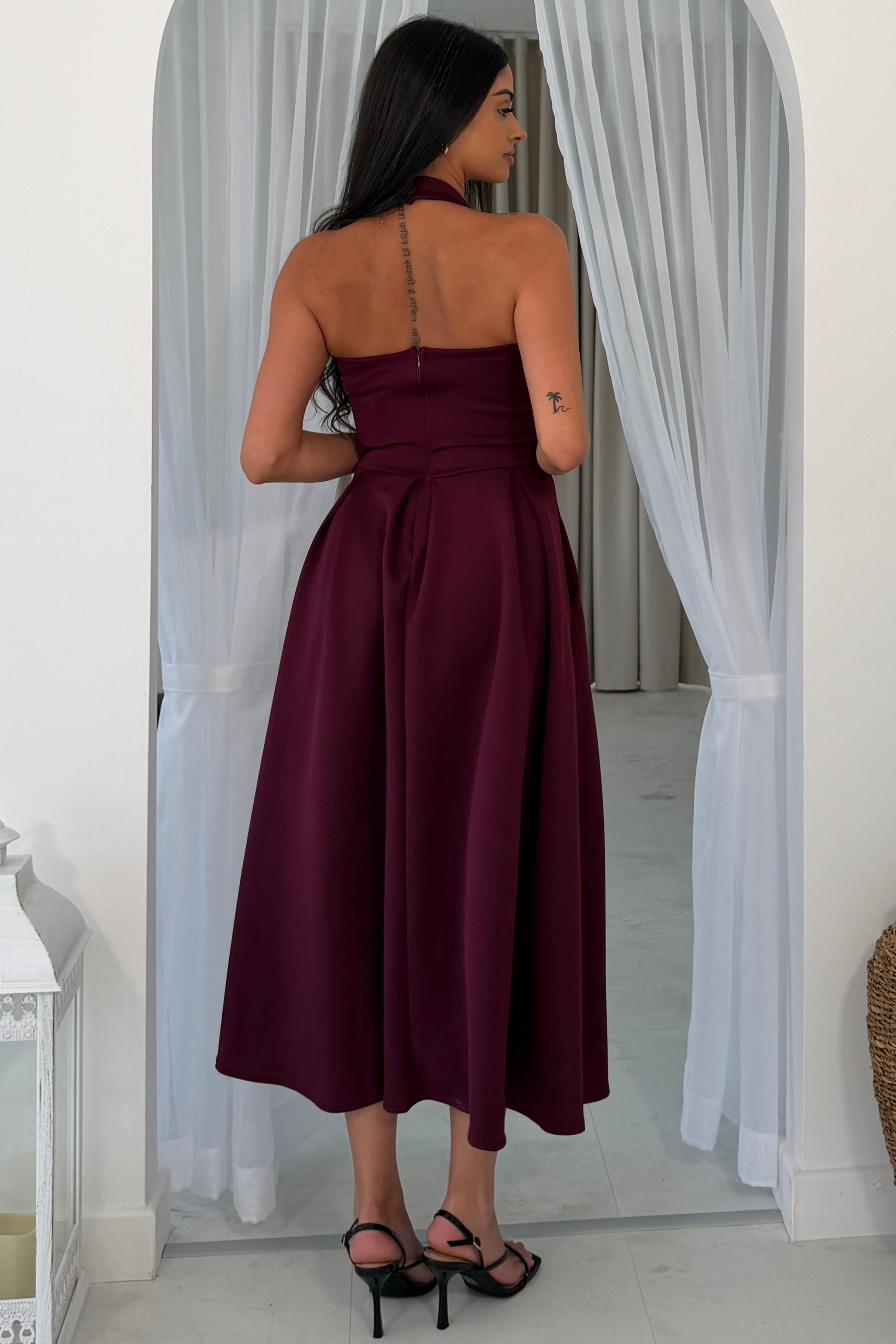 Briar Halterneck Pleated Skirt Midi Dress Plum