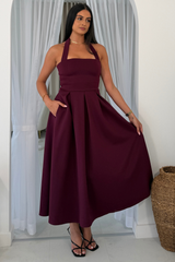Briar Halterneck Pleated Skirt Midi Dress Plum