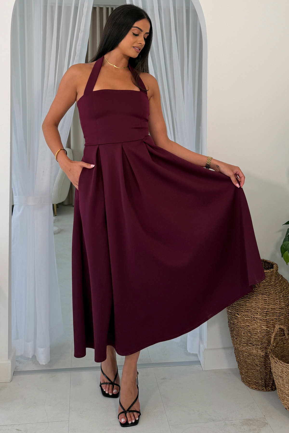 Briar Halterneck Pleated Skirt Midi Dress Plum