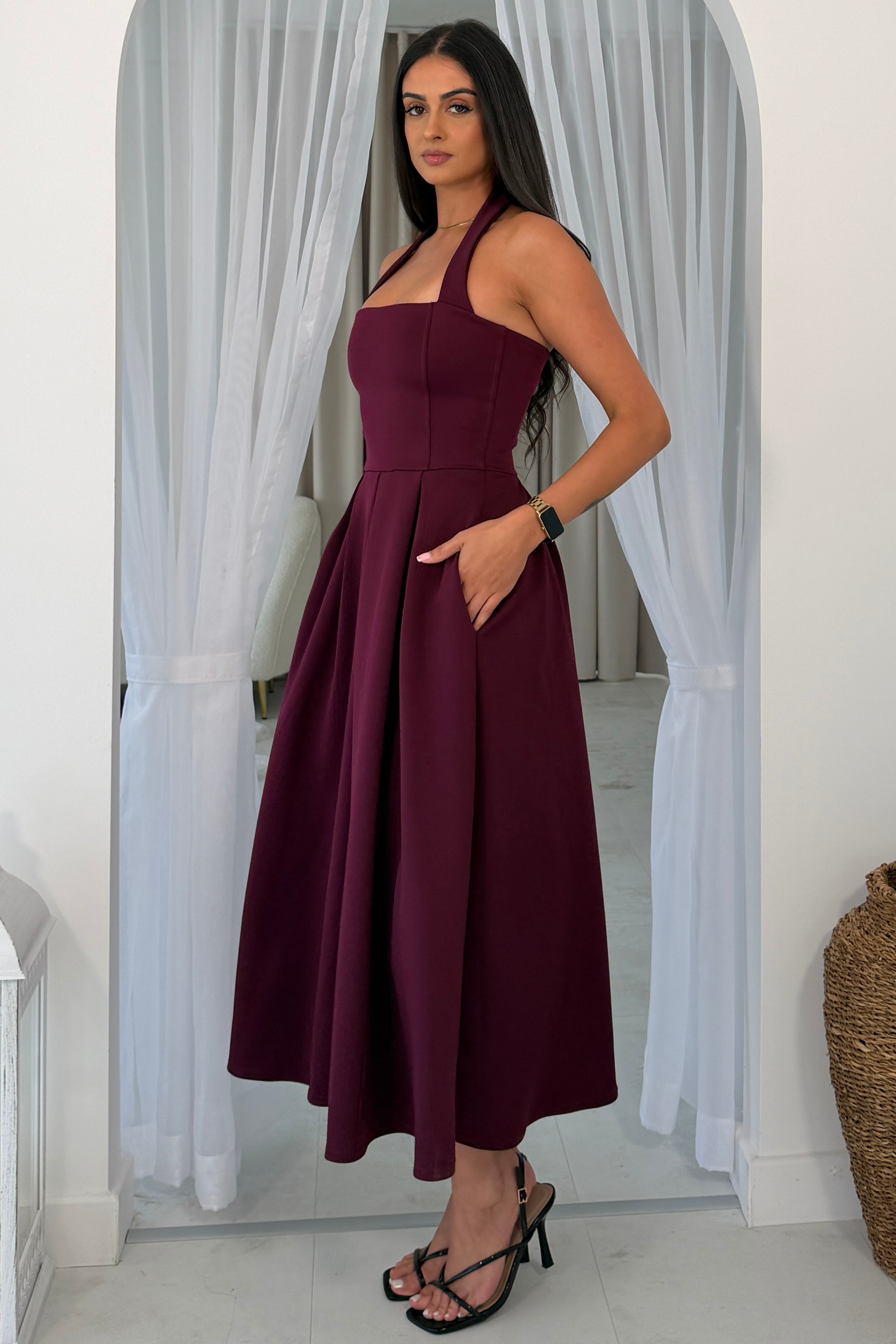 Briar Halterneck Pleated Skirt Midi Dress Plum
