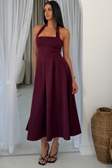 Briar Halterneck Pleated Skirt Midi Dress Plum