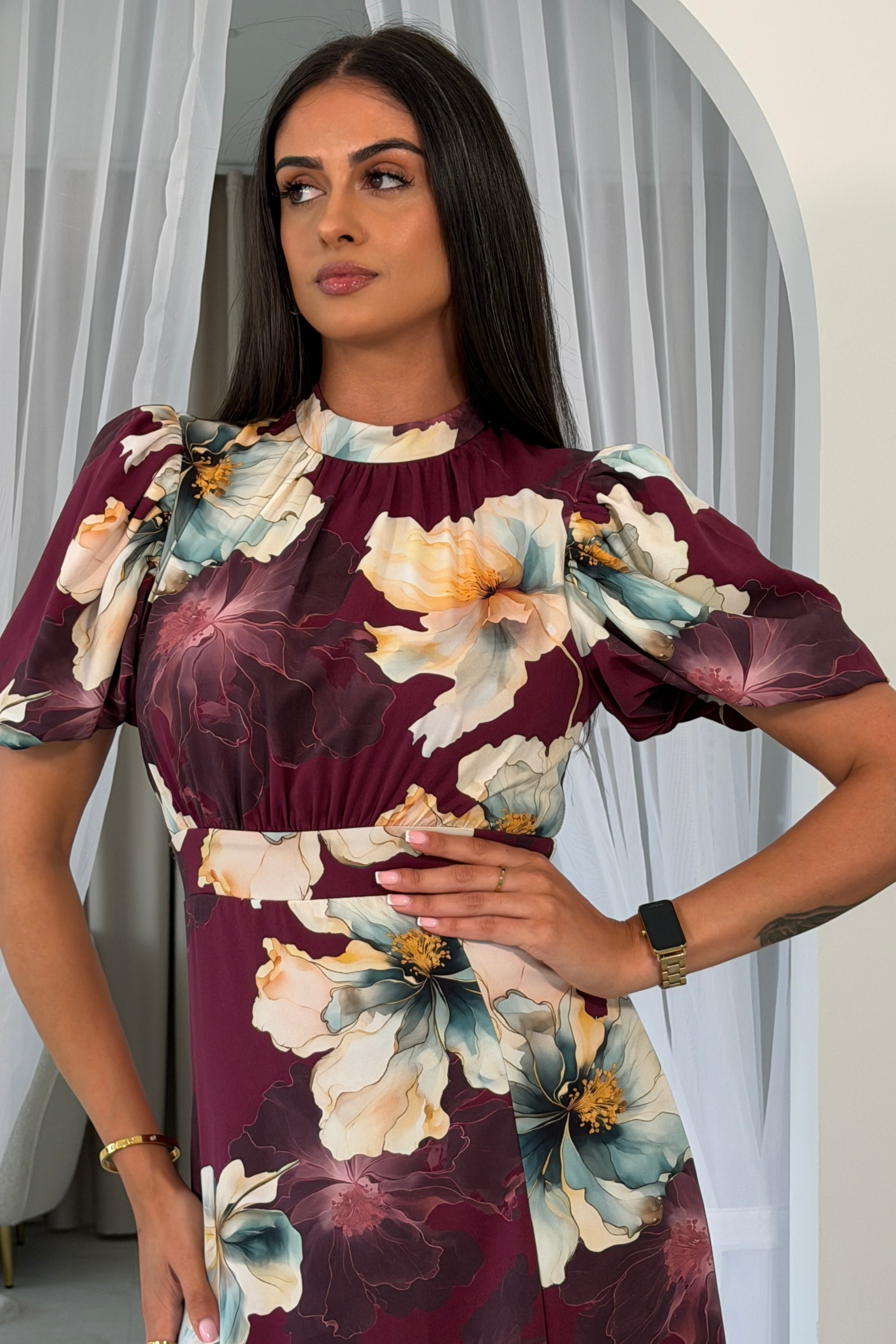 Lilith Plum Flower Puff Sleeve High Neck Midi Dress