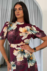 Lilith Plum Flower Puff Sleeve High Neck Midi Dress