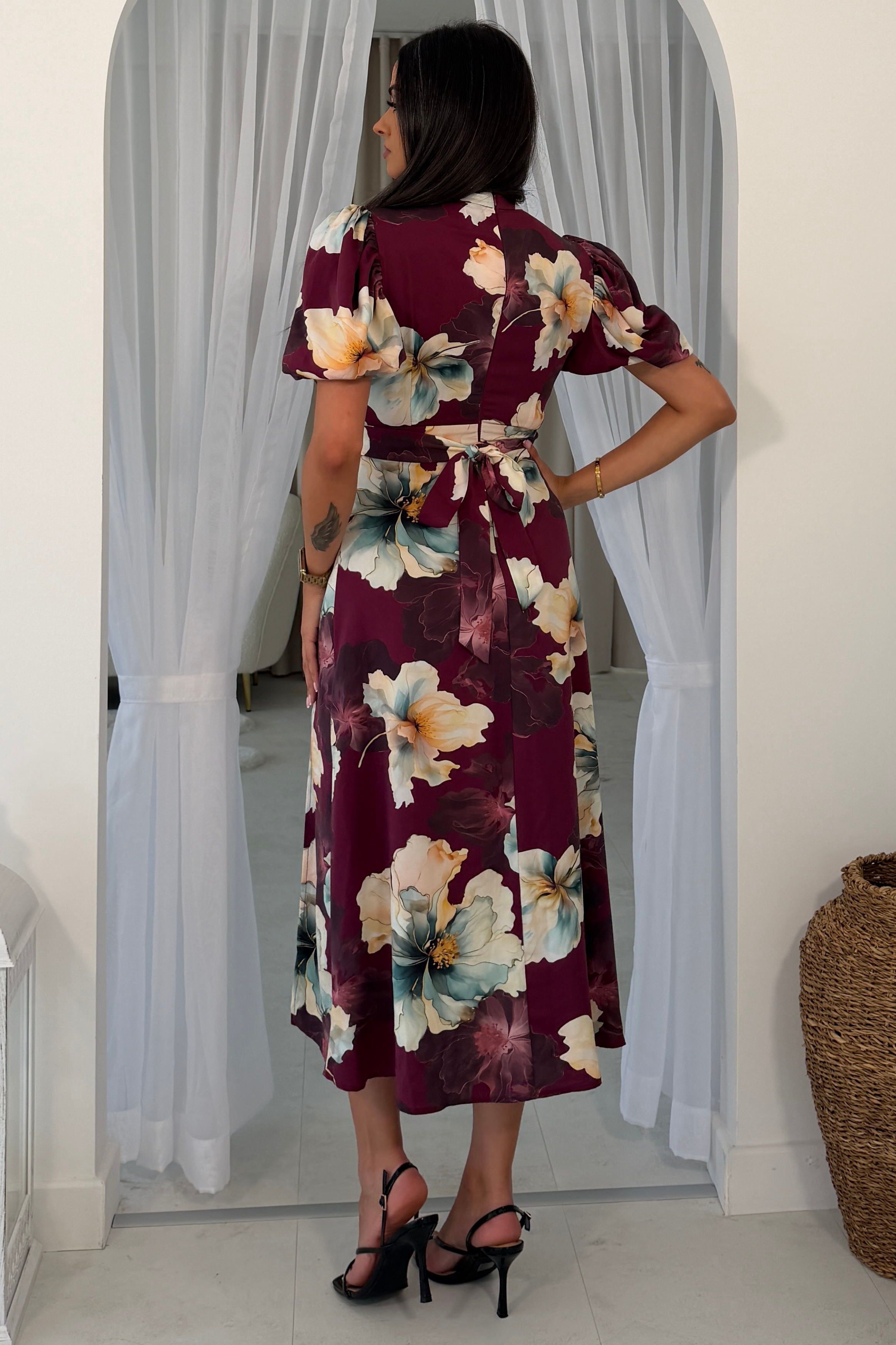 Lilith Plum Flower Puff Sleeve High Neck Midi Dress