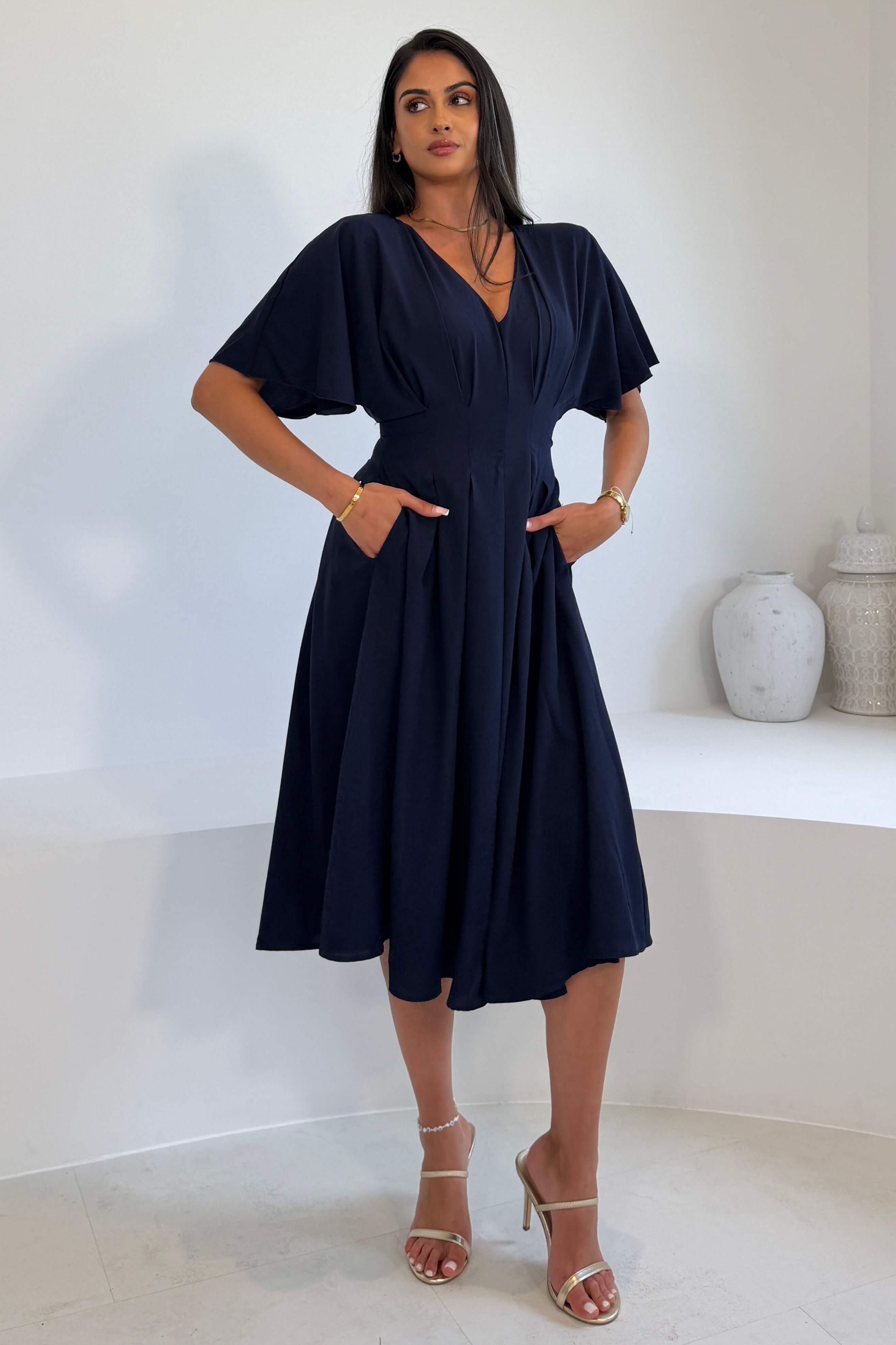 Laura V-Neck Short Sleeve Flowy Navy Midi Dress