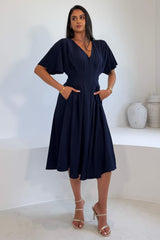Laura V-Neck Short Sleeve Flowy Navy Midi Dress