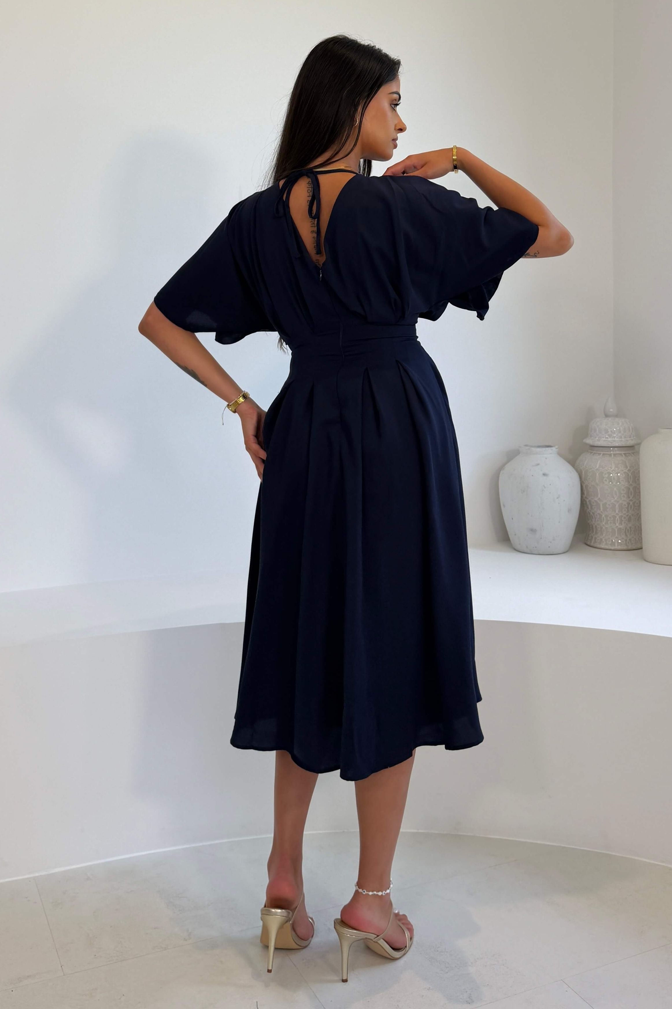 Laura V-Neck Short Sleeve Flowy Navy Midi Dress