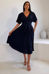 Laura V-Neck Short Sleeve Flowy Navy Midi Dress
