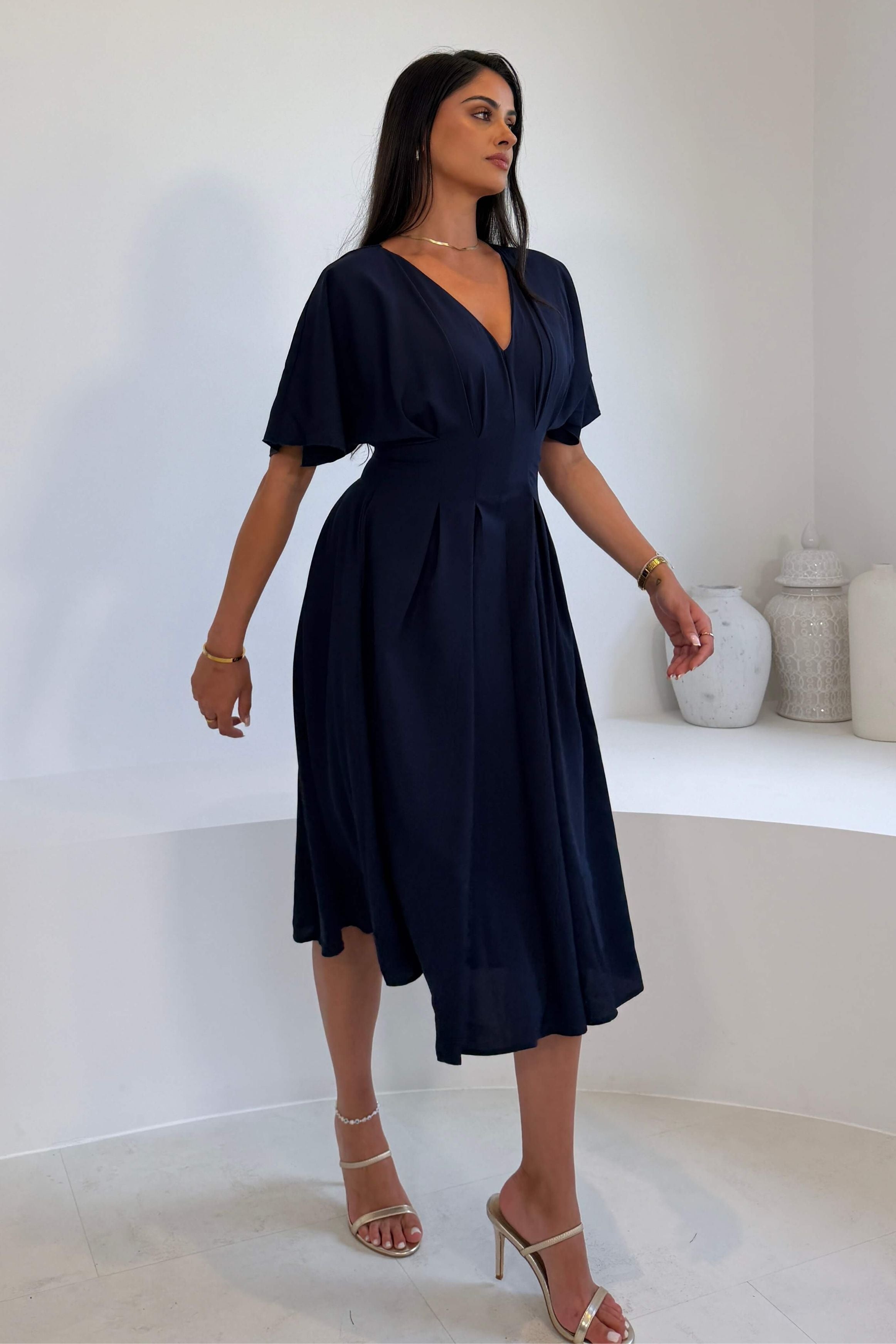 Laura V-Neck Short Sleeve Flowy Navy Midi Dress