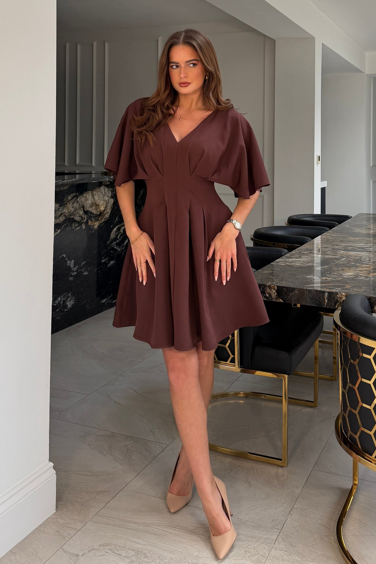 Laura V-Neck Short Sleeve Flowy Brown Mini Dress