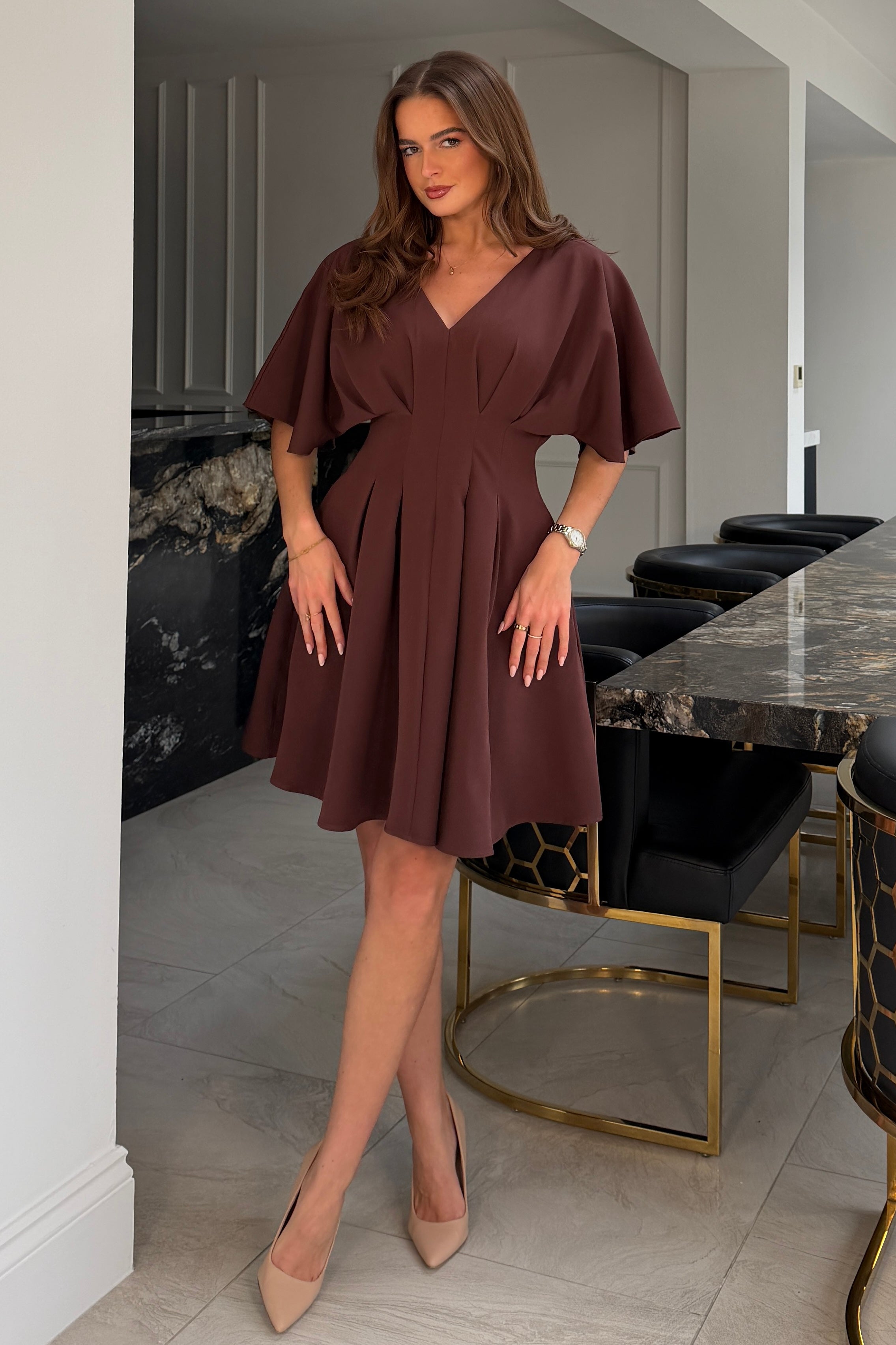 Laura V-Neck Short Sleeve Flowy Brown Mini Dress