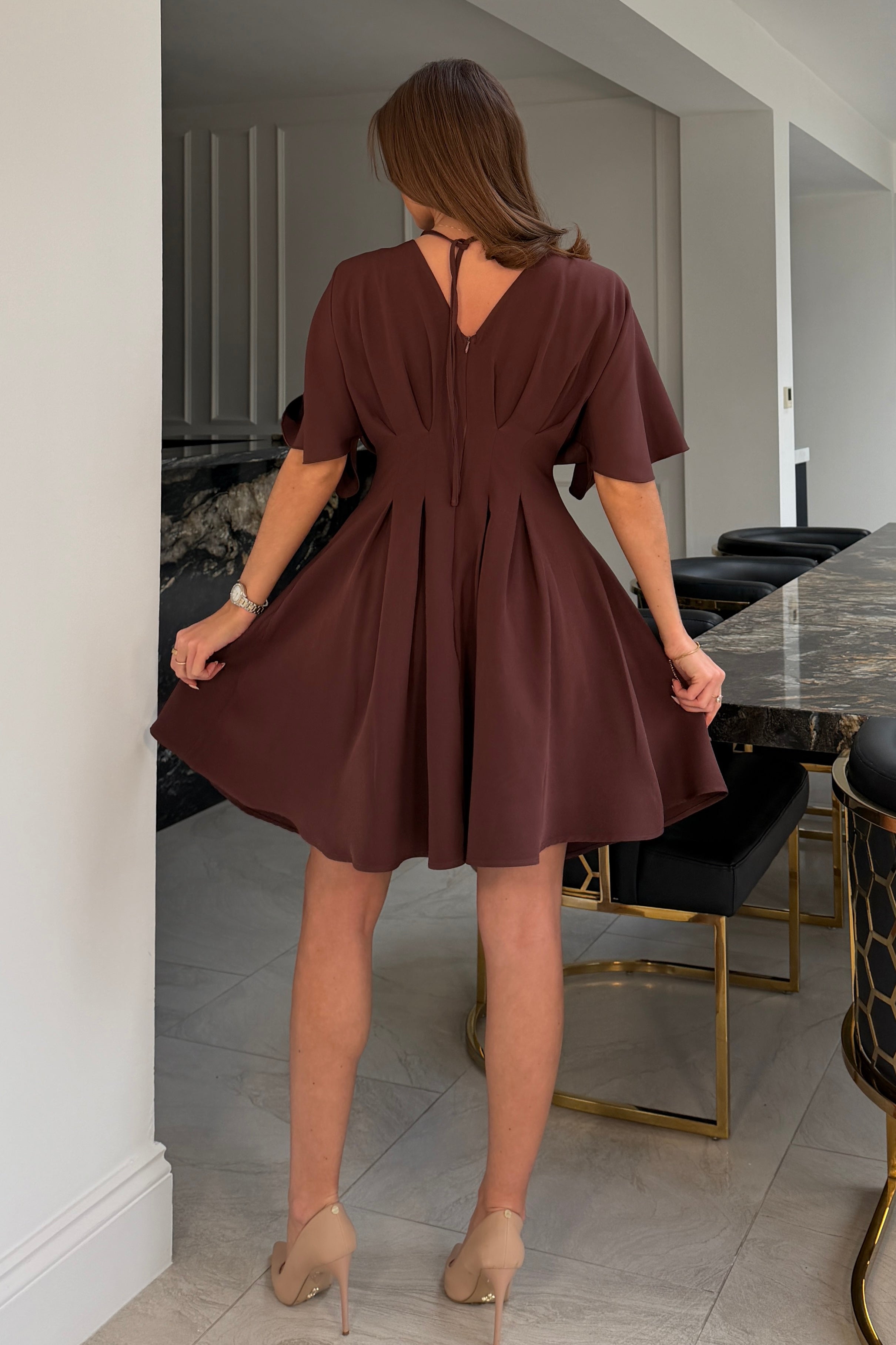 Laura V-Neck Short Sleeve Flowy Brown Mini Dress