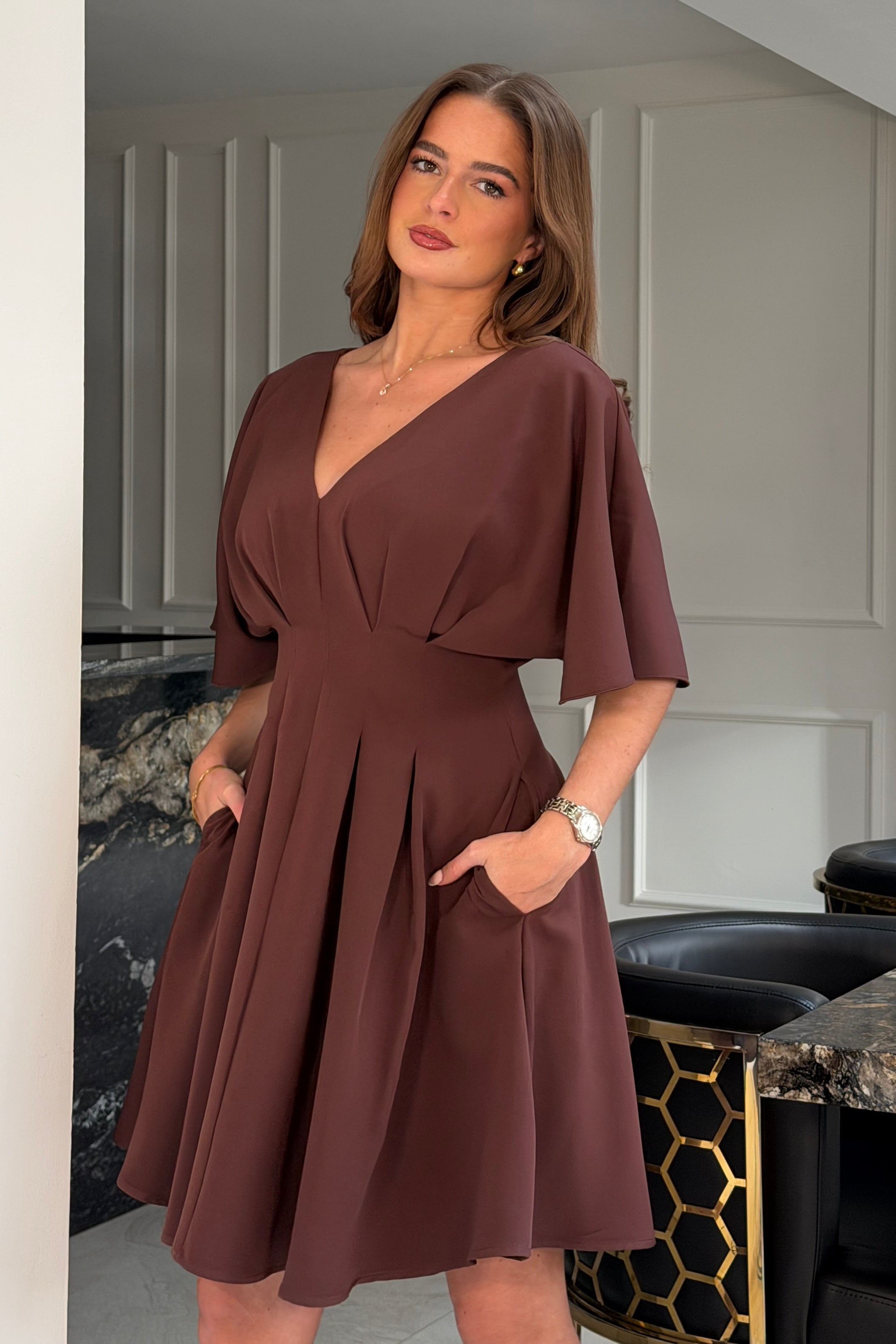 Laura V-Neck Short Sleeve Flowy Brown Mini Dress
