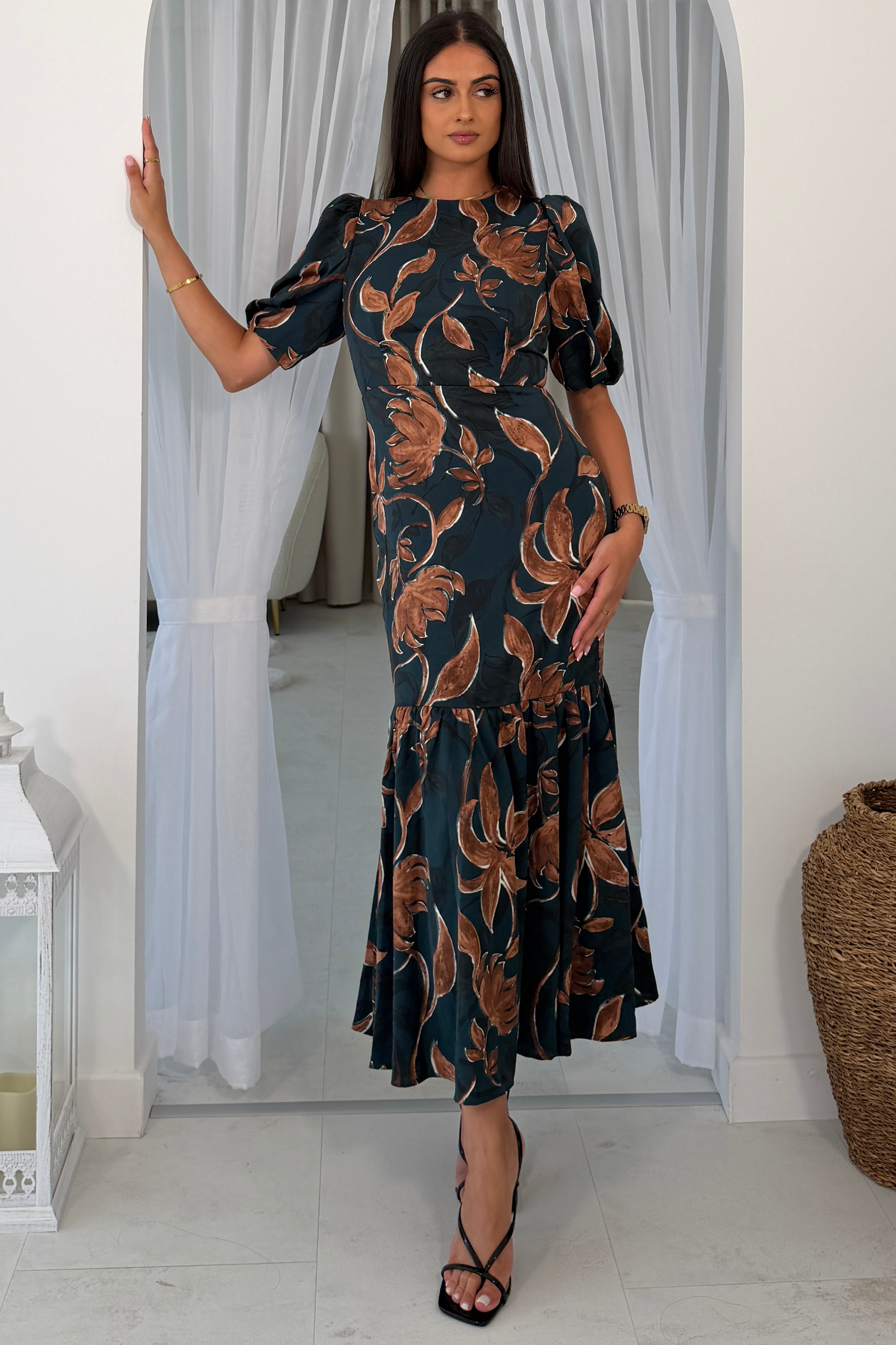 Briege Green Puff Sleeve Floral Ruffle Hem Midi Dress