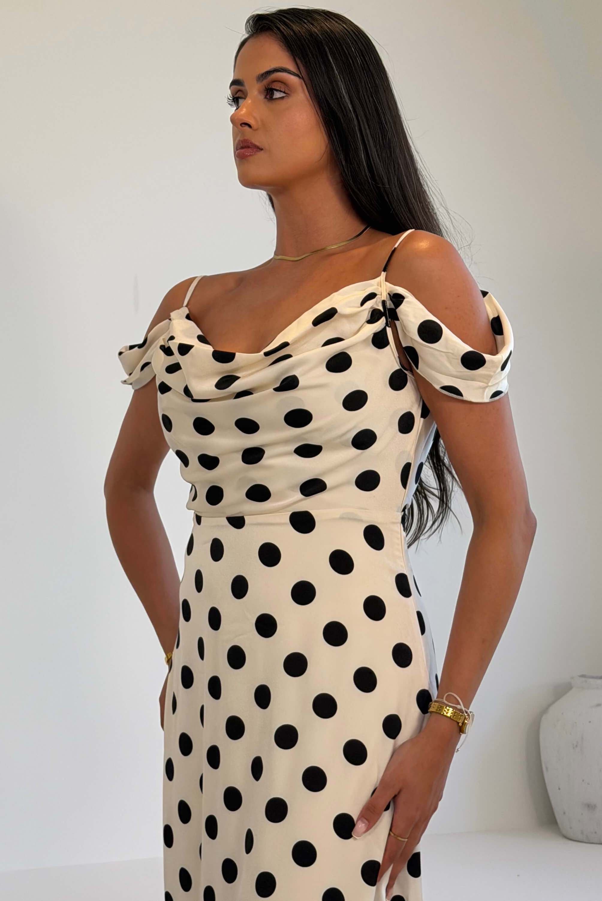 Julie Cowl Neck Maxi Dress White Spot