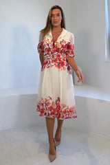 Holland Cream And Pink Floral Collar Midi Dress