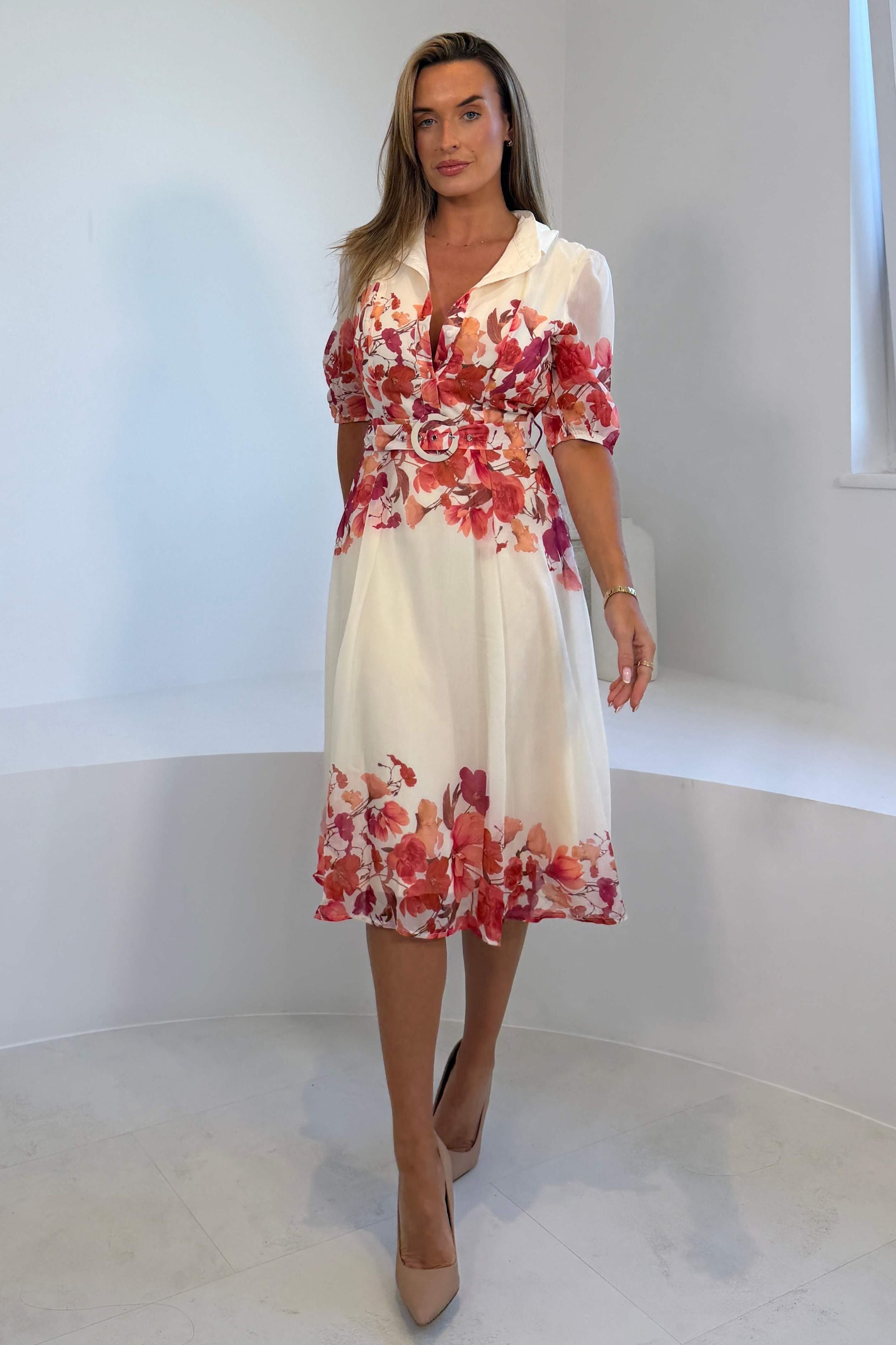 Holland Cream And Pink Floral Collar Midi Dress