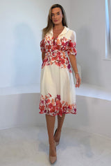 Holland Cream And Pink Floral Collar Midi Dress