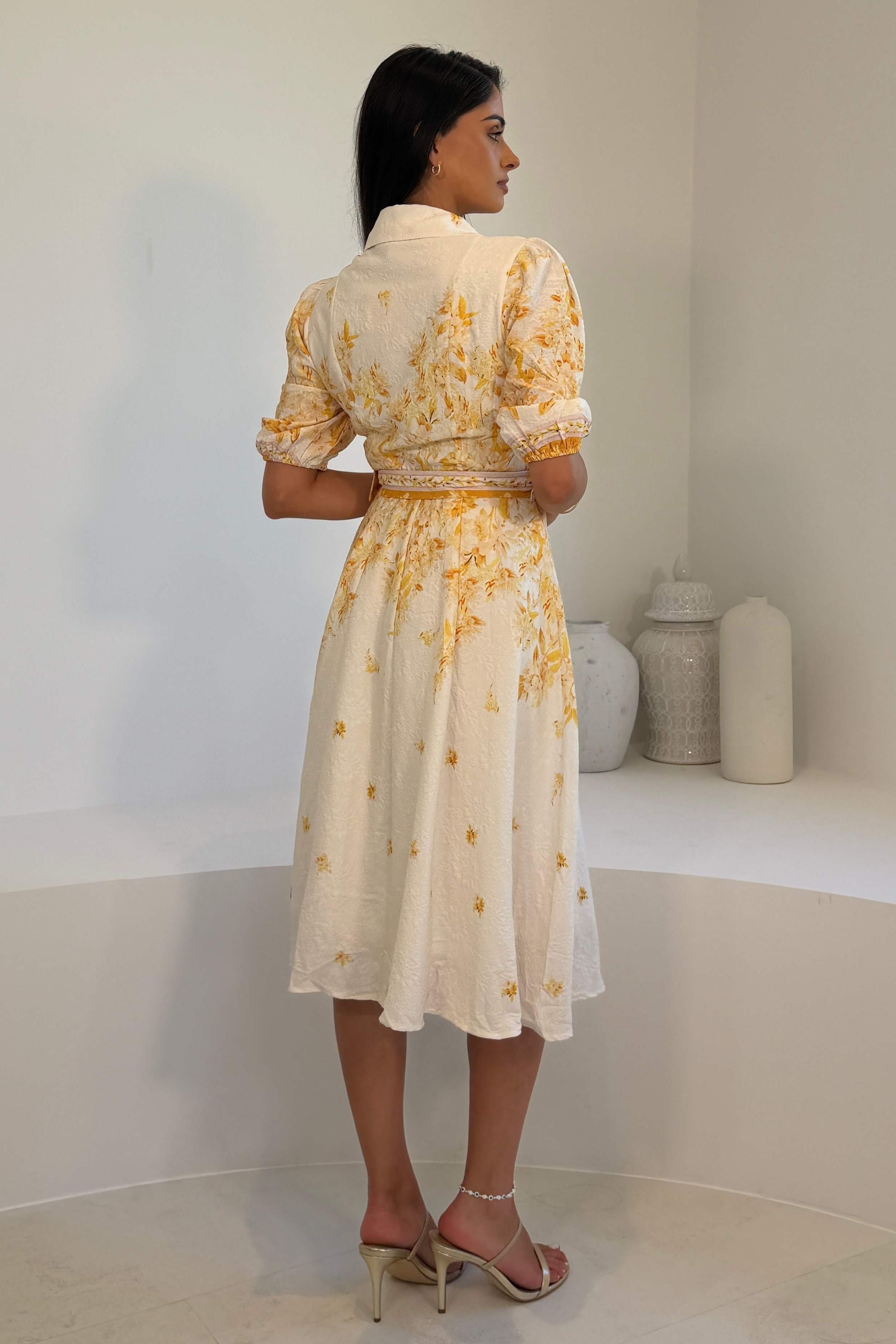 Holland Cream and Yellow Floral Collar Midi Dress