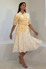 Holland Cream and Yellow Floral Collar Midi Dress