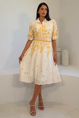 Holland Cream and Yellow Floral Collar Midi Dress