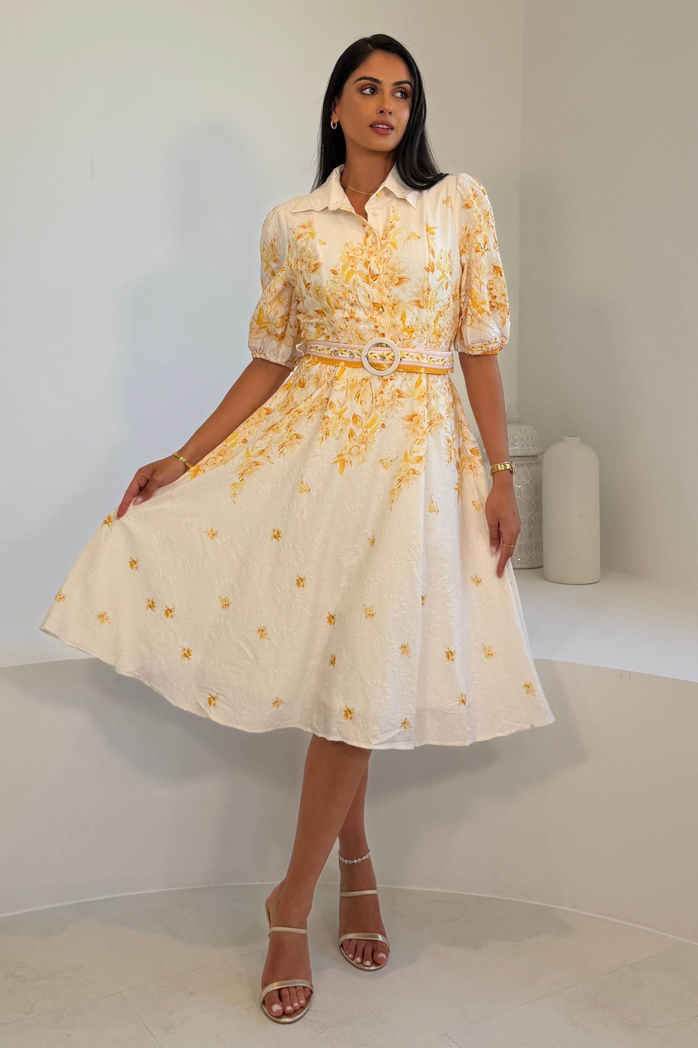 Holland Cream and Yellow Floral Collar Midi Dress