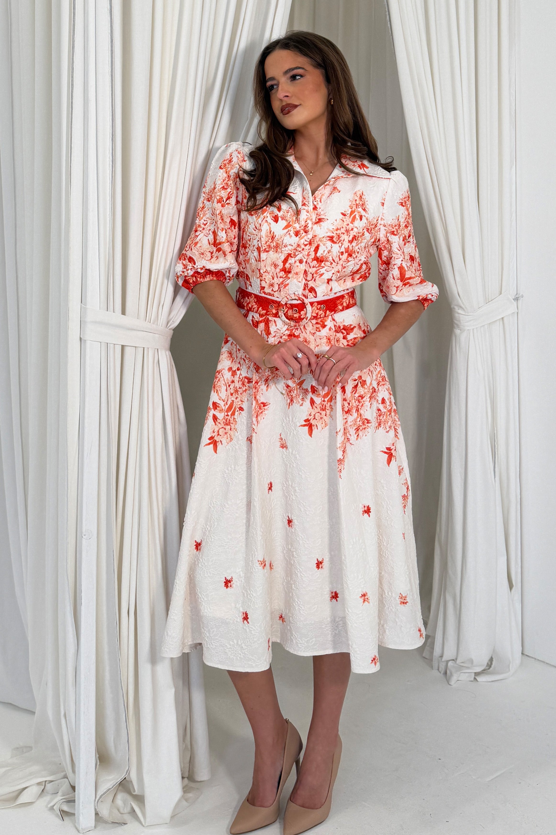 Holland Floral Border Print Midi Dress Orange