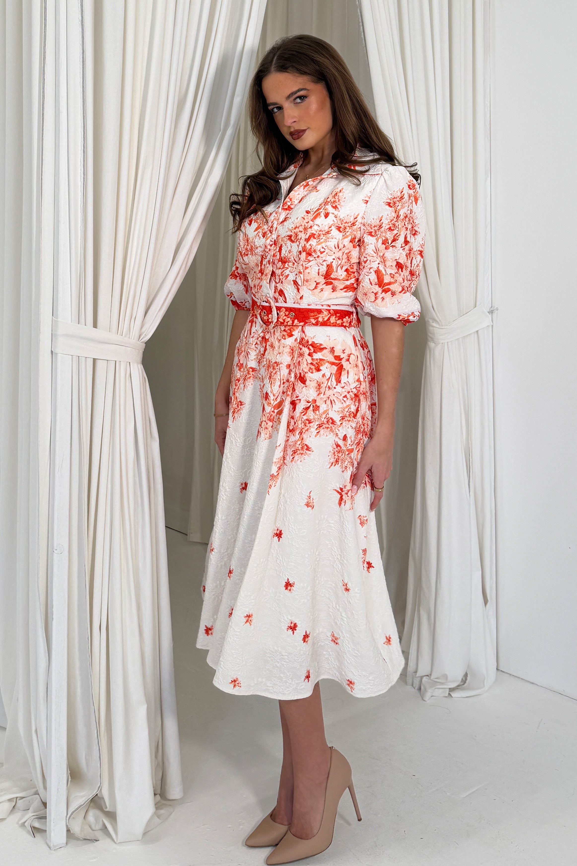 Holland Floral Border Print Midi Dress Orange