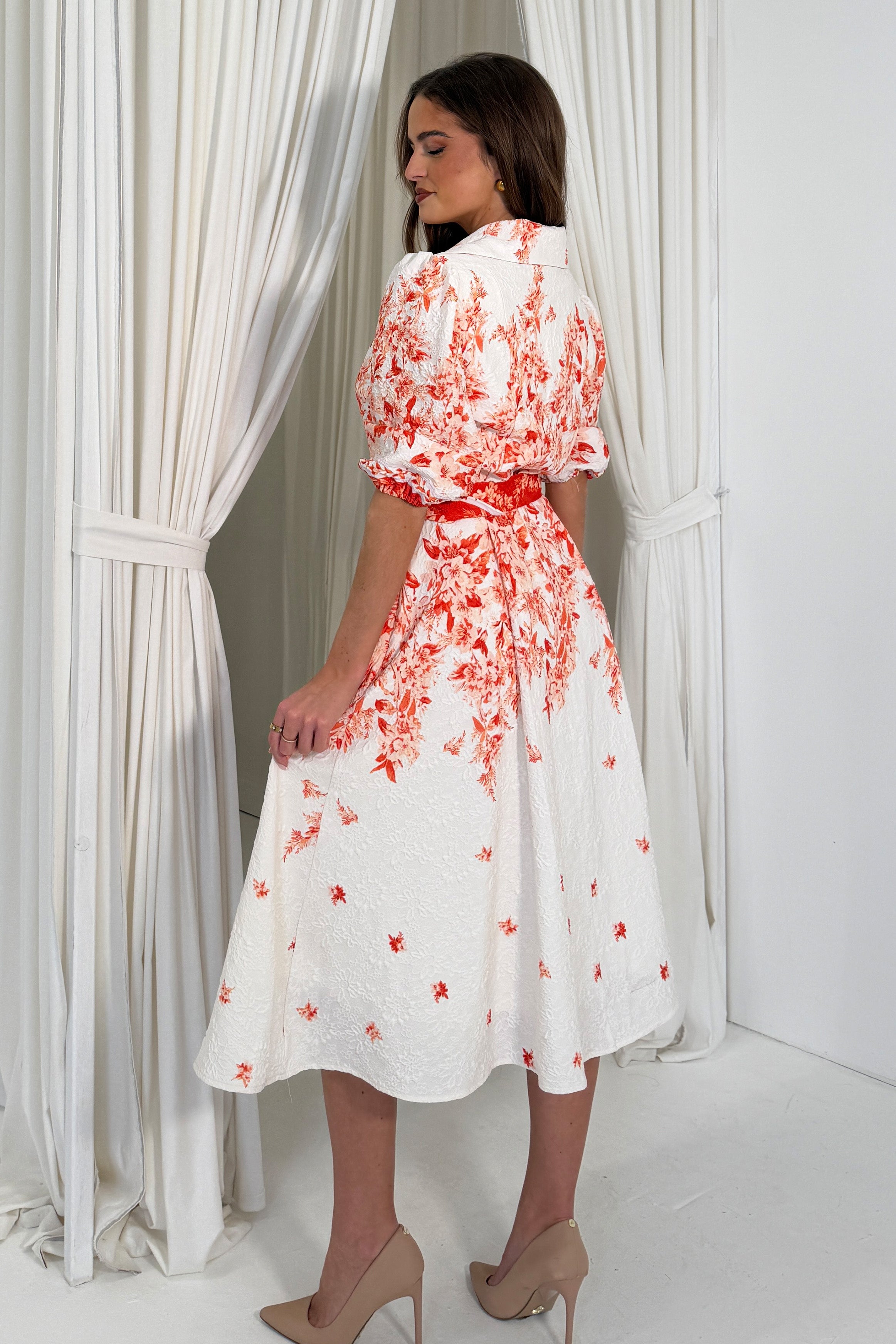 Holland Floral Border Print Midi Dress Orange