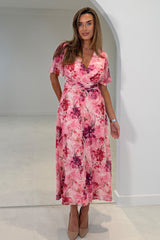 Daisy Wrap Neck Twist Detail Midi Dress pink