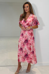 Daisy Wrap Neck Twist Detail Midi Dress pink