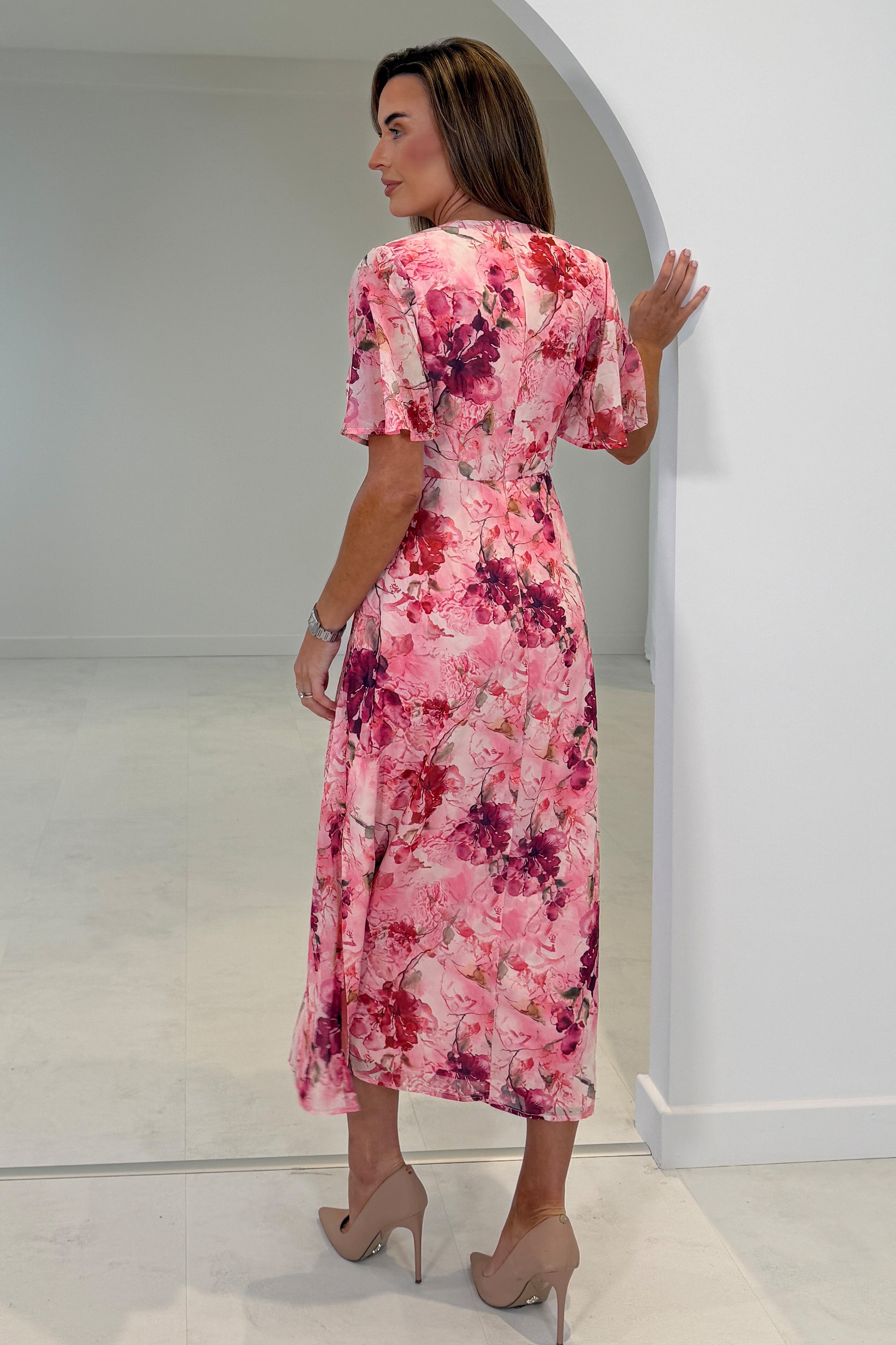Daisy Wrap Neck Twist Detail Midi Dress pink