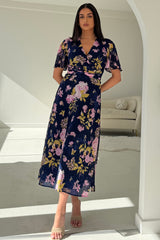 Daisy Wrap Neck Twist Detail Midi Dress Navy