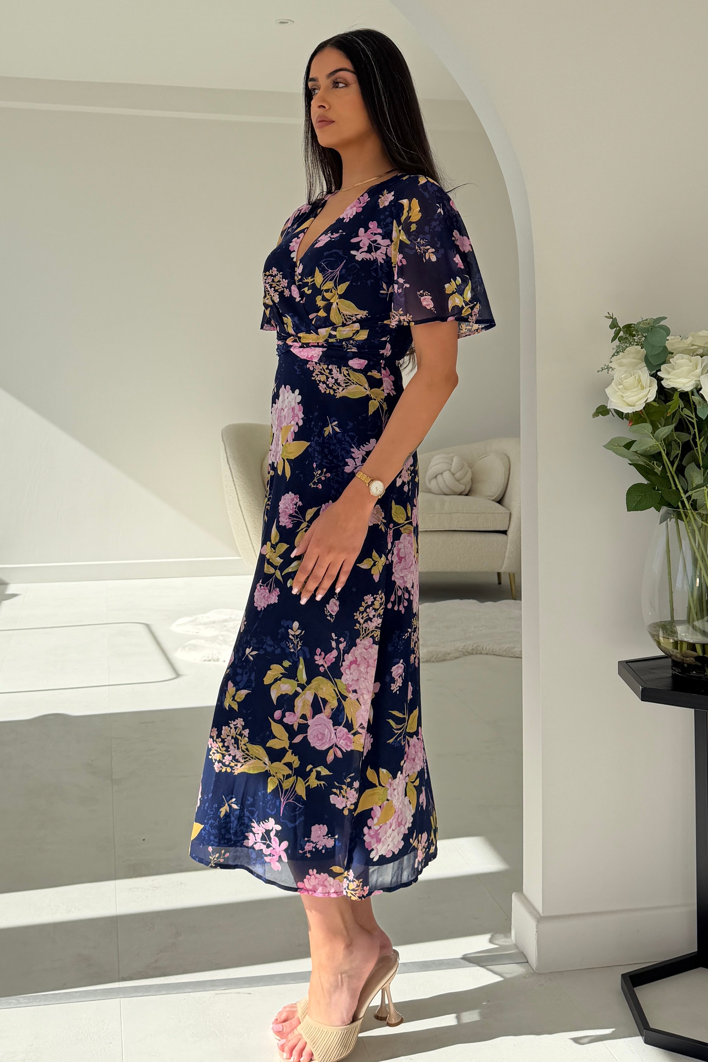Daisy Wrap Neck Twist Detail Midi Dress Navy