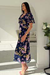 Daisy Wrap Neck Twist Detail Midi Dress Navy