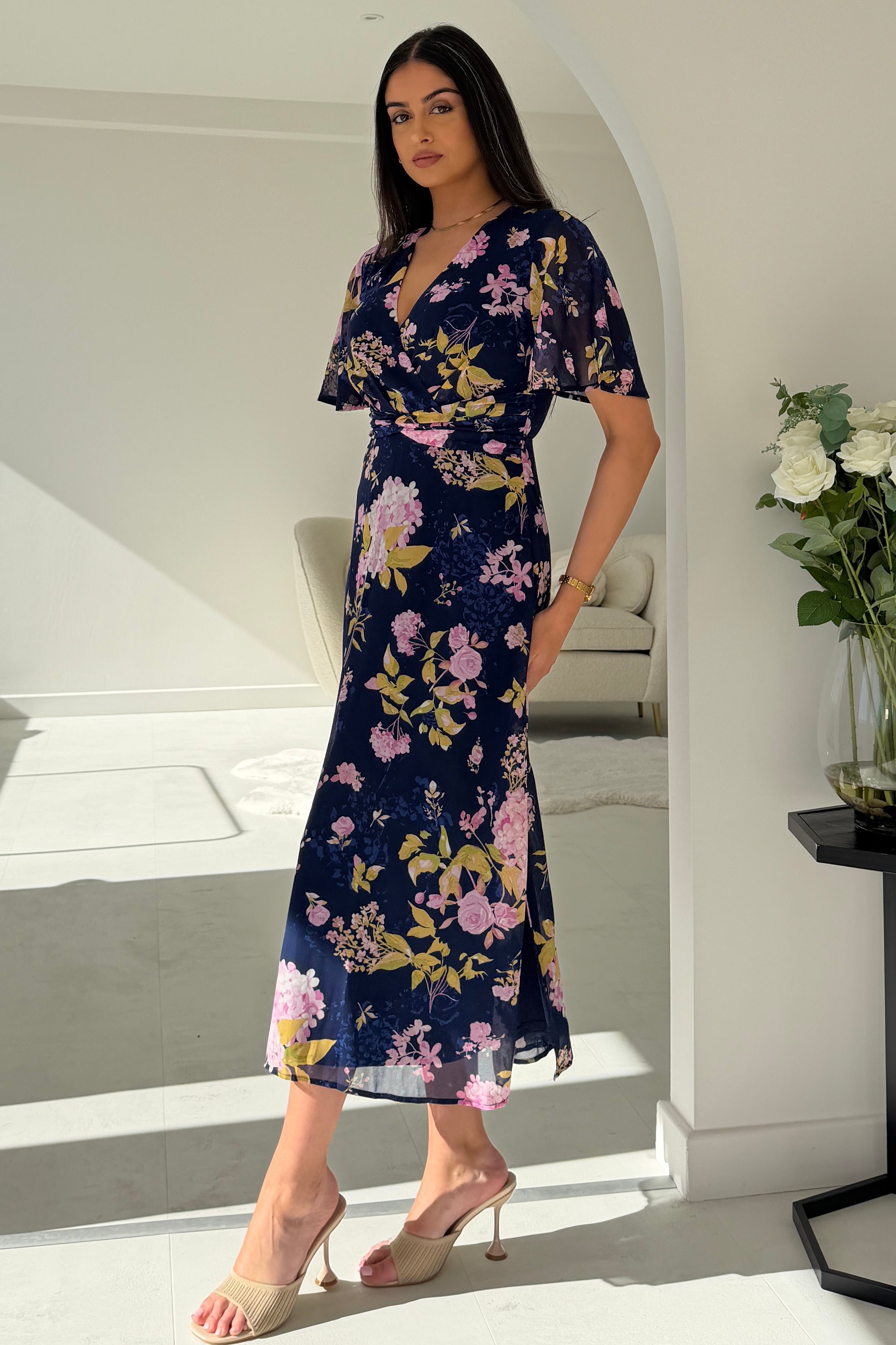 Daisy Wrap Neck Twist Detail Midi Dress Navy