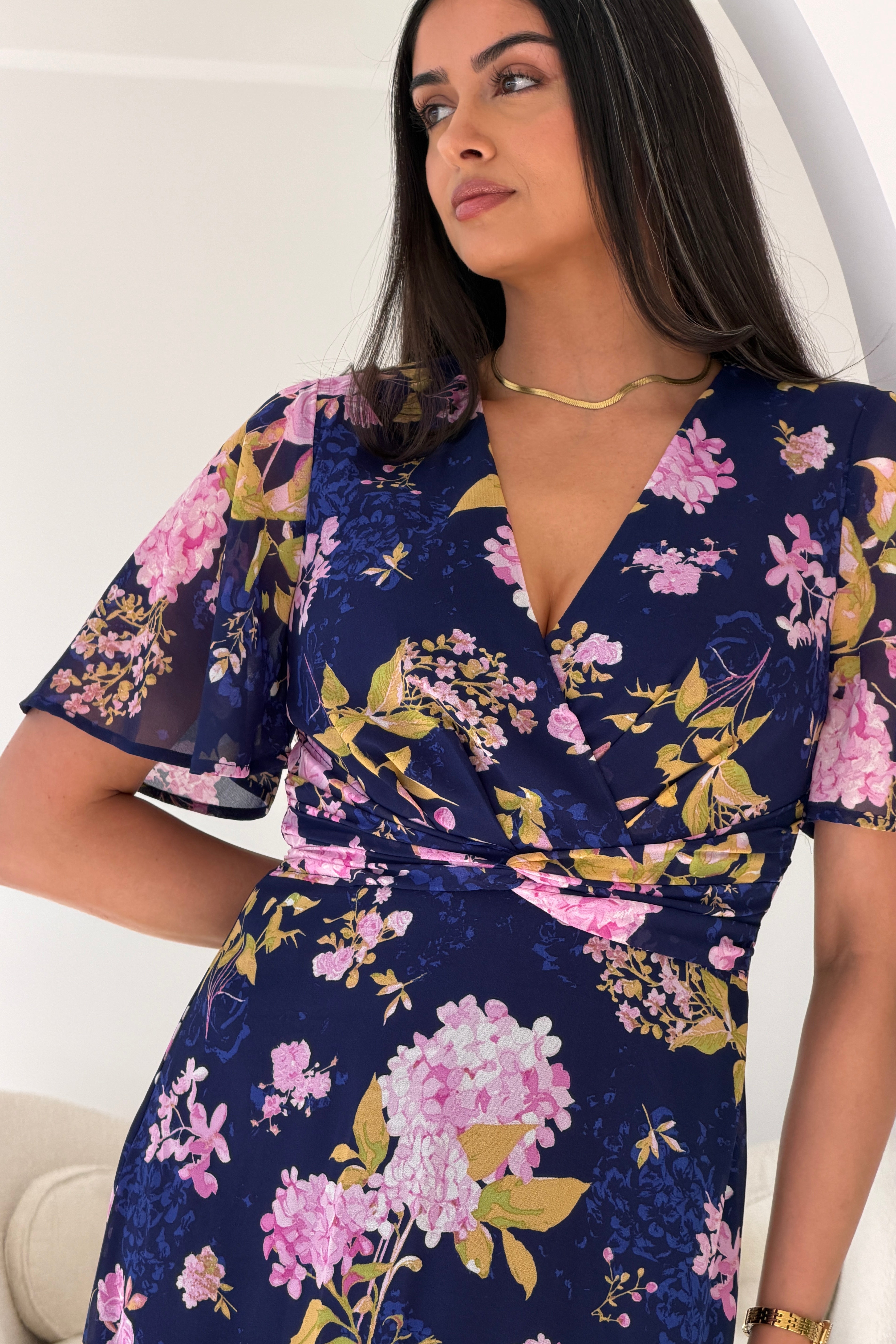 Daisy Wrap Neck Twist Detail Midi Dress Navy