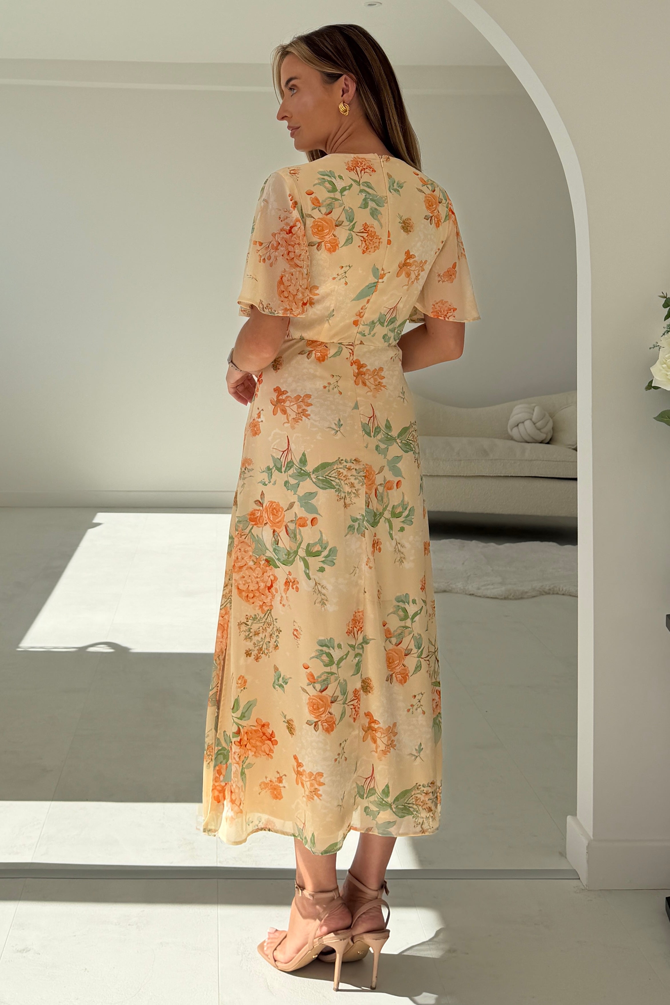 Daisy Wrap Neck Twist Detail Midi Dress Orange