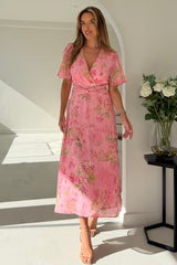 Daisy Wrap Neck Twist Detail Midi Dress Pink