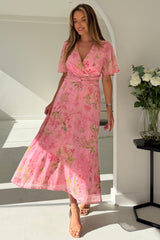 Daisy Wrap Neck Twist Detail Midi Dress Pink