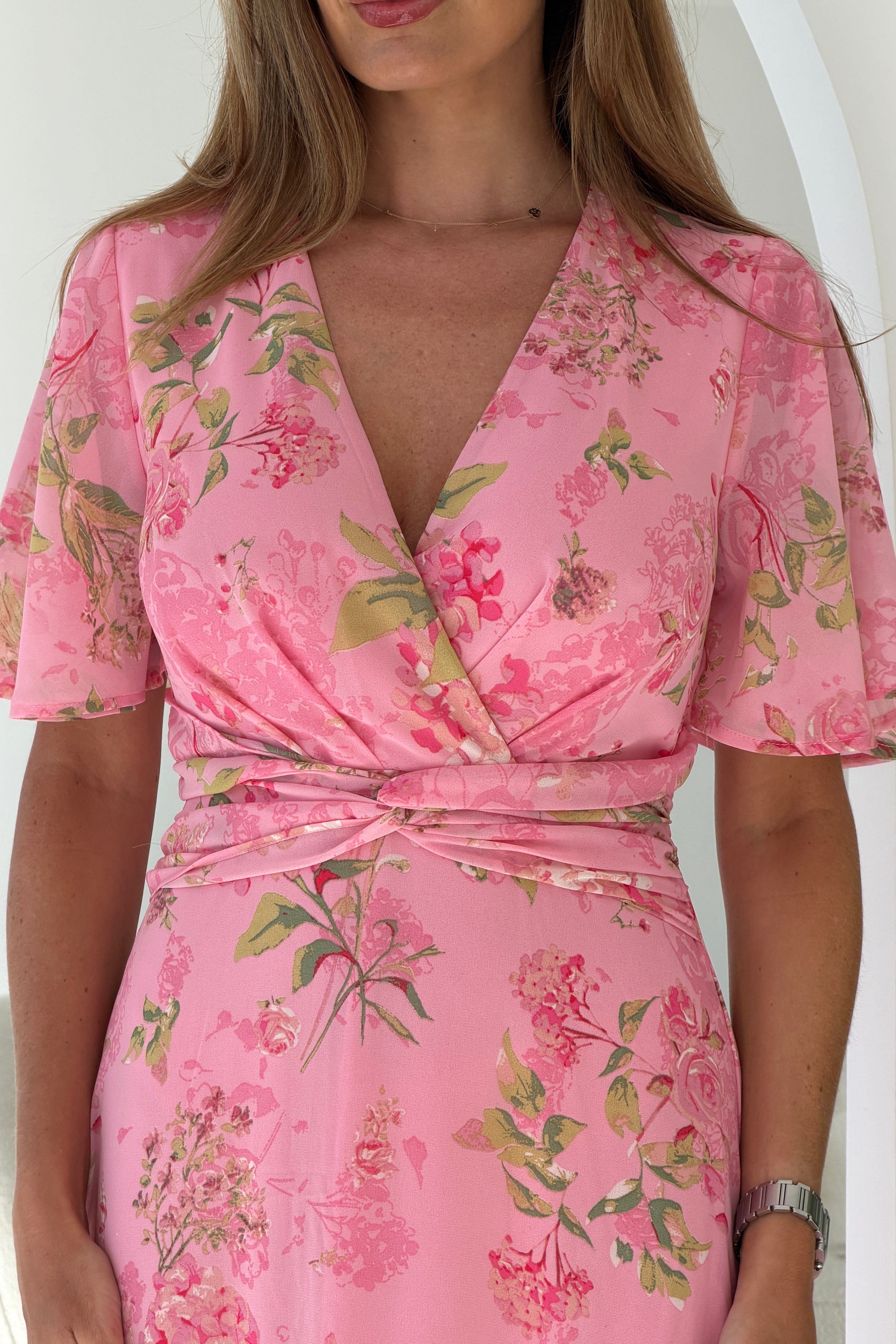 Daisy Wrap Neck Twist Detail Midi Dress Pink