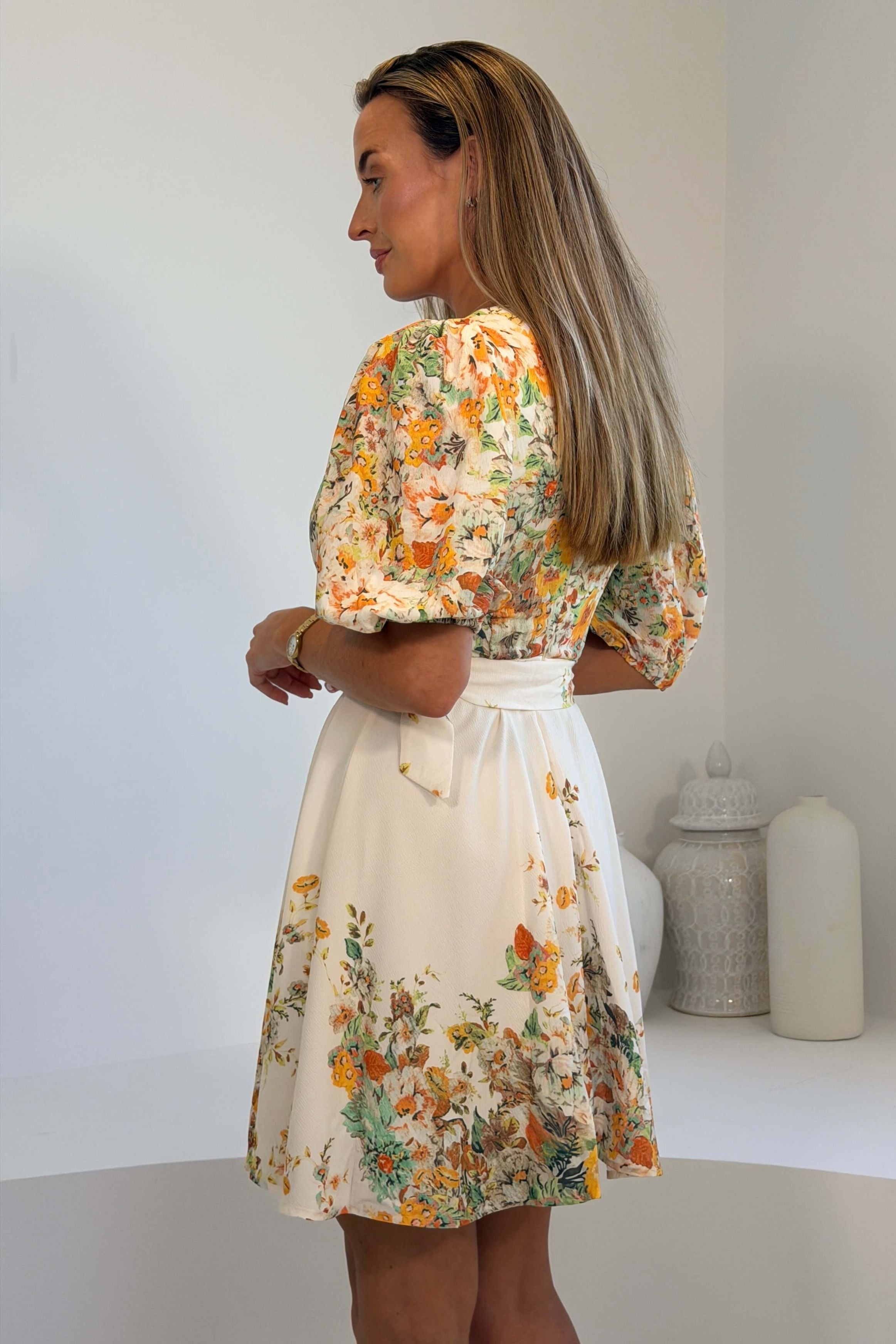 Azelia Puff Sleeve V Neck Mini Dress Yellow Floral