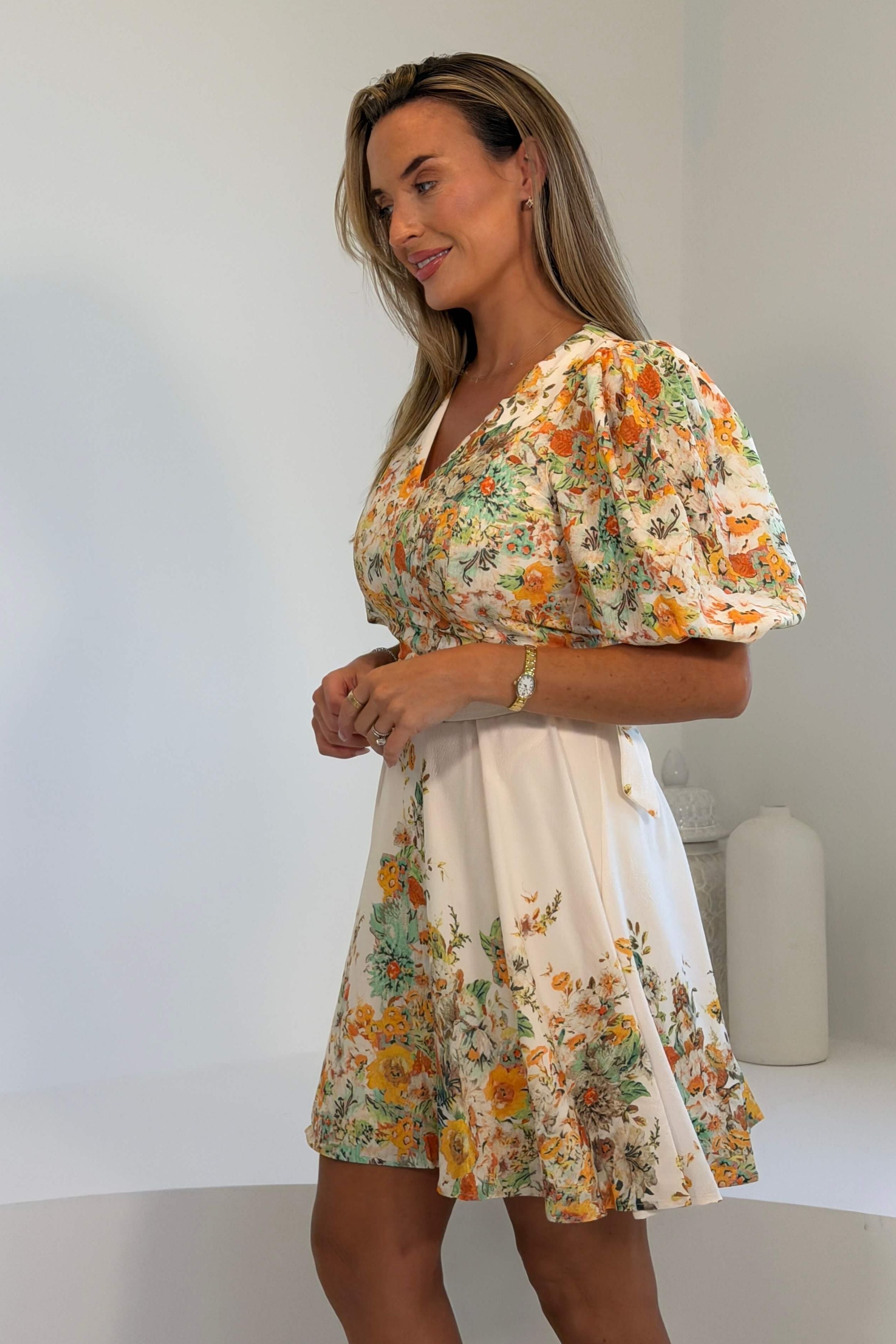 Azelia Puff Sleeve V Neck Mini Dress Yellow Floral